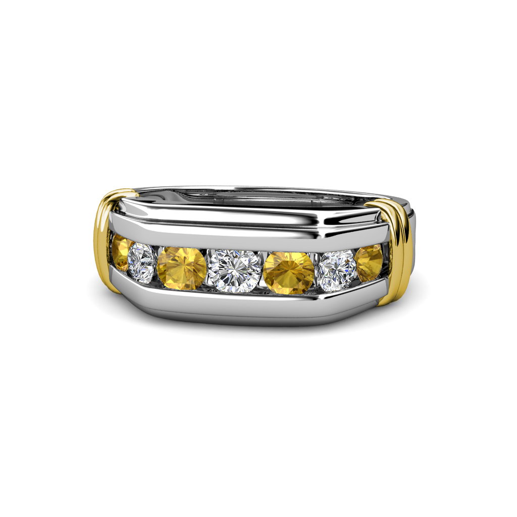 Brad Round Citrine and Diamond 7 Stone Men Wedding Ring (8.5 mm) 